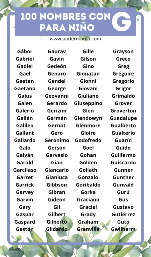 Lista completa de nombres con G para niño